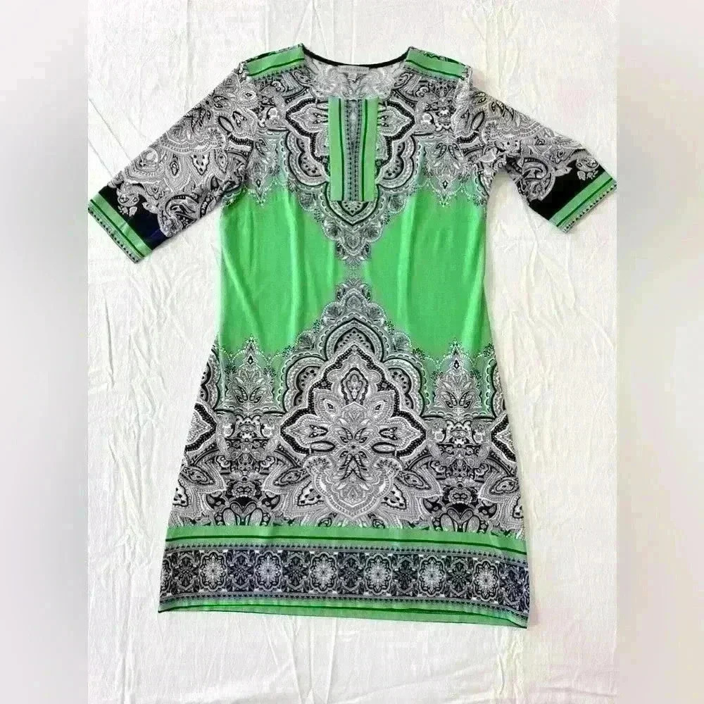 Sandra Darren dress, size 12, green, grey and black, cocktail dress.